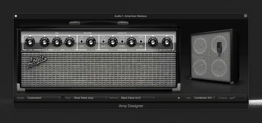 glossaire du home studio, exemple de skin du amp designer de logic pro, dansd le style fender